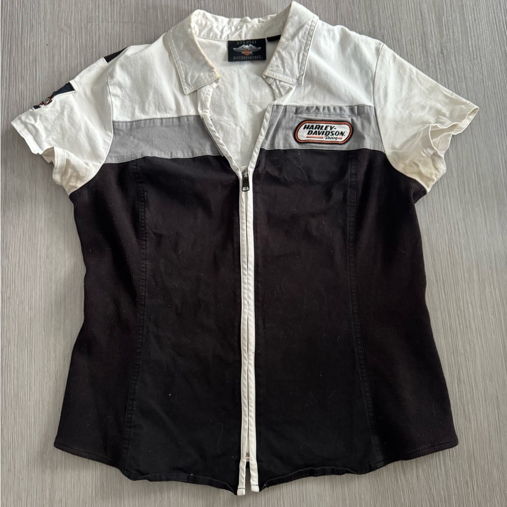 Harley-Davidson Black, White & Gray Zip Front Racing Top VTG Y2K